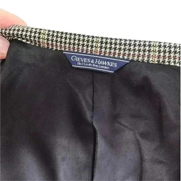 Gieves & Hawkes Men 43 R Houndstooth 2 Button Bespoke Blazer Silk Wool Black Tan - Picture 7 of 8